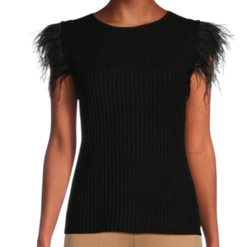 New Siani Milano Elegant Black Feather Trim Knit Top